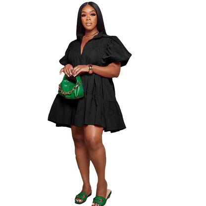 🍒Puff sleeve dress baby doll style single breasted lapel collar dress women mini outfit big swing loose smock dress  Get Puffed Out In A Swing