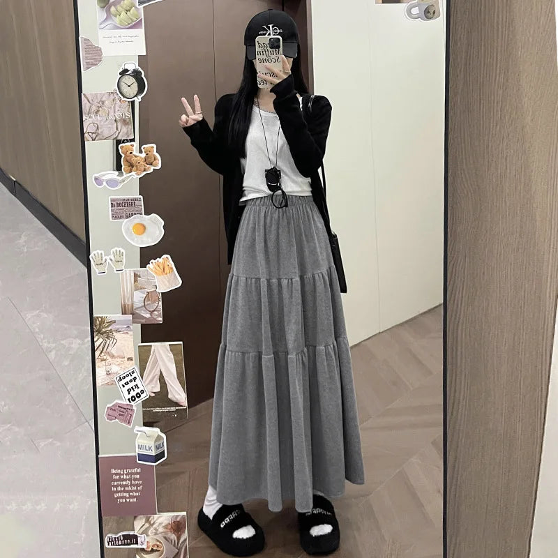 🍒Women's knitted skirts high waisted long loose soft a-line fashion tiered midi skirt outfit casual preppy style clothing  Ease Into Jersey