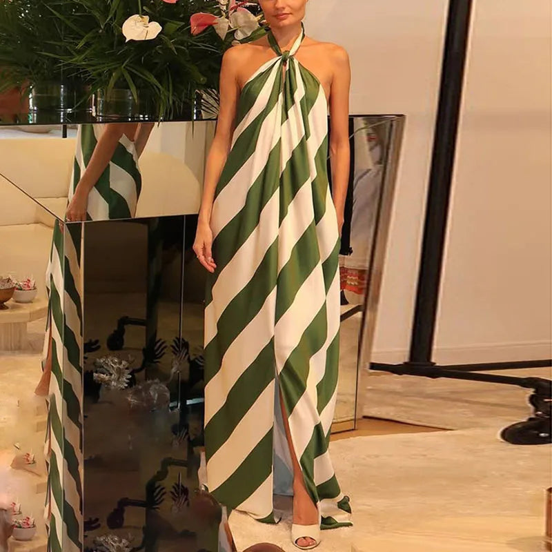🍒Halter striped dress for holiday chic pleated backless outfits sleeveless summer wear party occasion clothing Eat Your Greens In Your Dinner Dress Green