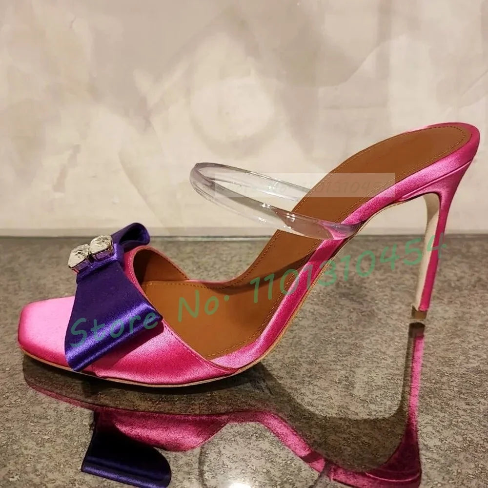 🍒Bowknot satin high heels occasion slippers womens crystal sandals bling shoes for wedding summer pumps pvc strap casual open toe shoes Sassy Satin Slippers