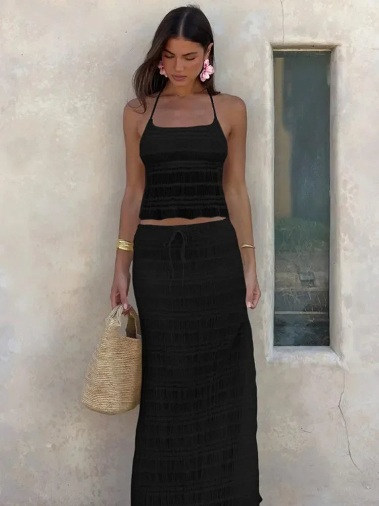 🍒Chiffon two piece set womens summer fashion halter crop top and maxi skirt fashion clothing beach party wear holiday wear smart casual clothes Delicately Delightful