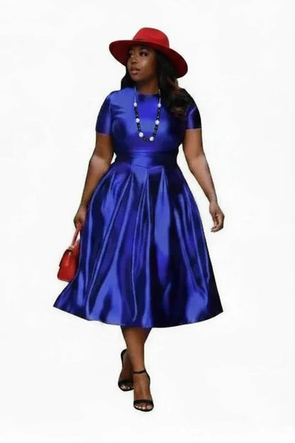 🍒A-line shiny dress metallic short sleeve midi for women plus size outfit fit and flare elastic dress smart casual clothing Summer Stunner
