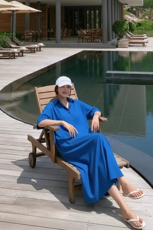 🍒Plus size women's midi (depending on height) short sleeve outfit holiday dress loose long straight outfit with collar casual summer wear straight cut maxi dress Big Basics Up