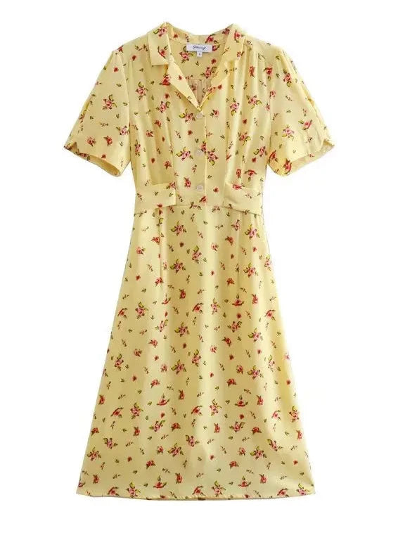 🍒knee length dress spring summer clothing quality smart casual clothes for women midi fashion short sleeve outfit TIES waist back ties elegant Ladies navy blue print summer dress Wrap Flourish In Floral