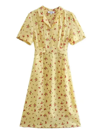 🍒knee length dress spring summer clothing quality smart casual clothes for women midi fashion short sleeve outfit TIES waist back ties elegant Ladies navy blue print summer dress Wrap Flourish In Floral