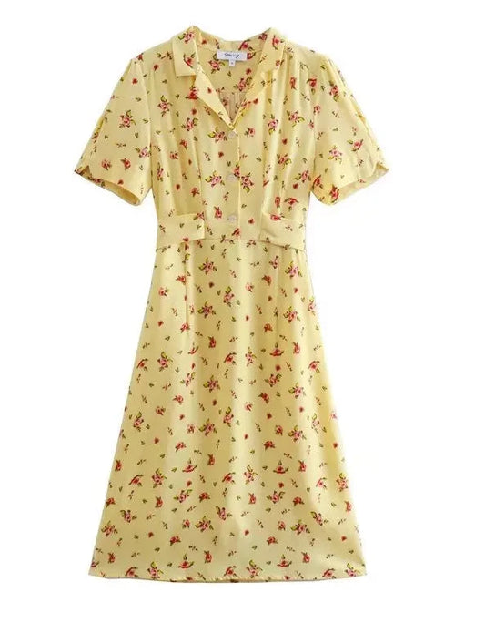 🍒knee length dress spring summer clothing quality smart casual clothes for women midi fashion short sleeve outfit TIES waist back ties elegant Ladies navy blue print summer dress Wrap Flourish In Floral