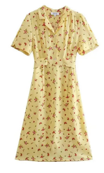 🍒knee length dress spring summer clothing quality smart casual clothes for women midi fashion short sleeve outfit TIES waist back ties elegant Ladies navy blue print summer dress Wrap Flourish In Floral