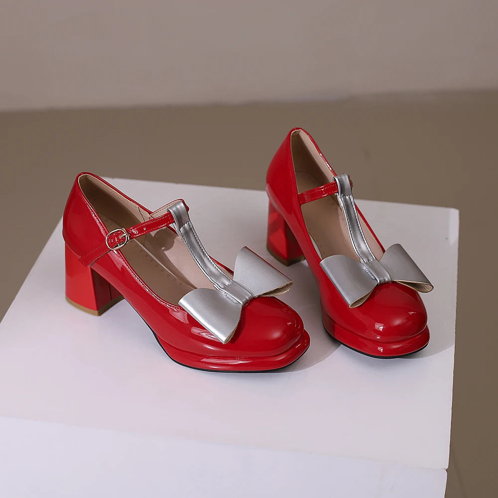 🍒T strap high heels round toe pumps women low platform shoes plus size available bow footwear for party wear wedding t-bar for special occasions Footwear With A Bow On IT