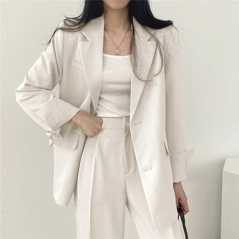 🍒Solid color women's suit set fashion loose casual wear 2 piece set office suits for ladies long sleeve pocket jacket formal wear strawbery choclate ...Suit Yourself