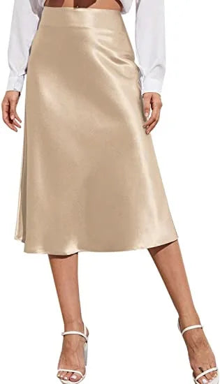 🍒Satin high waist midi skirt solid color a line skirt silky elegant fashion party wear smart casual clothing for women Shine In Satin