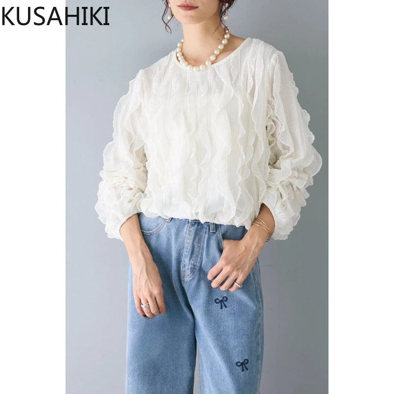 🍒Long slleeved ruffle blouse smart casual dress shirts niche ruffle edge round neck long sleeve party tops for women Get The Edge With A Ruffle