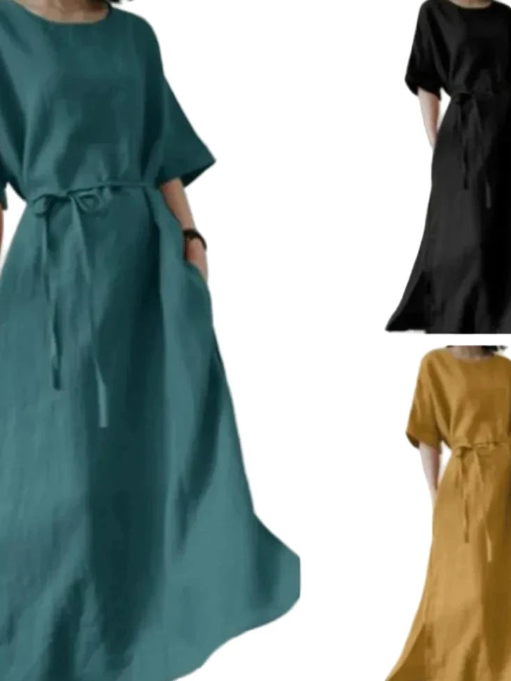 🍒Long dresses a-line fashion split hem wide short sleeve outfit casual outfit for women with waistband batwing sleeve clothes Simply Style