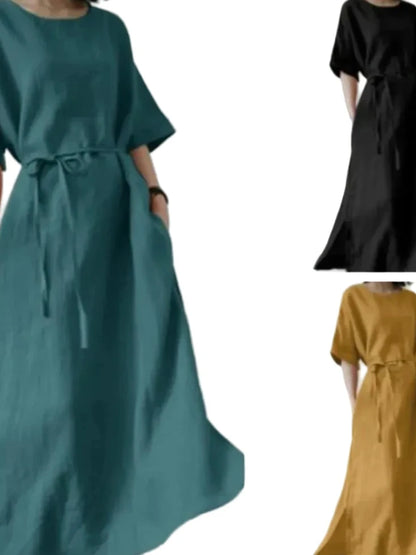 🍒Long dresses a-line fashion split hem wide short sleeve outfit casual outfit for women with waistband batwing sleeve clothes Simply Style