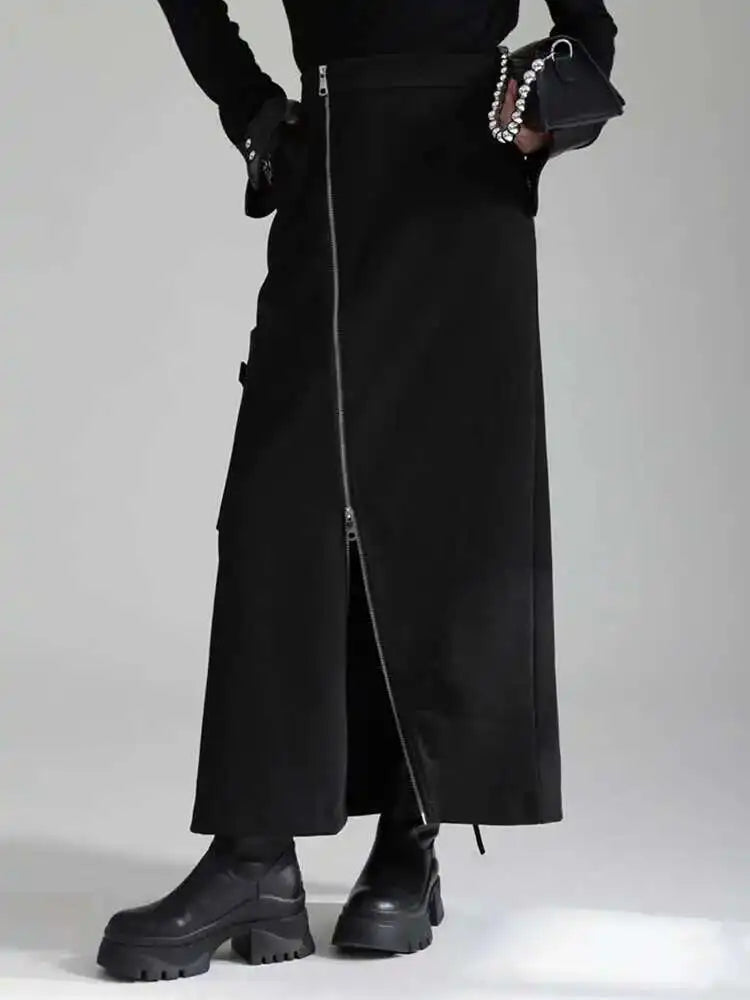 🍒High waist irregular long skirt black with slit zipper and pocket midi fashion long smart casual clothing for women party occasion wear Zip This Up And Look Lovely In Liquorise
