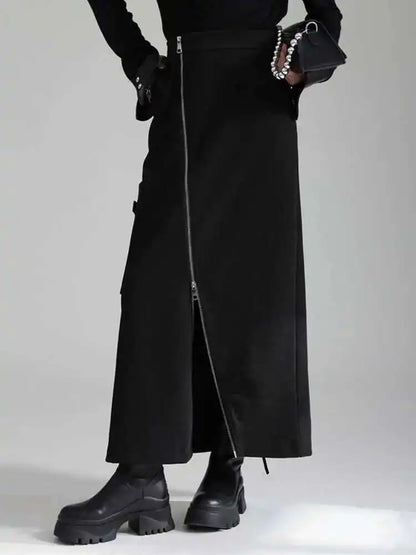 🍒High waist irregular long skirt black with slit zipper and pocket midi fashion long smart casual clothing for women party occasion wear Zip This Up And Look Lovely In Liquorise