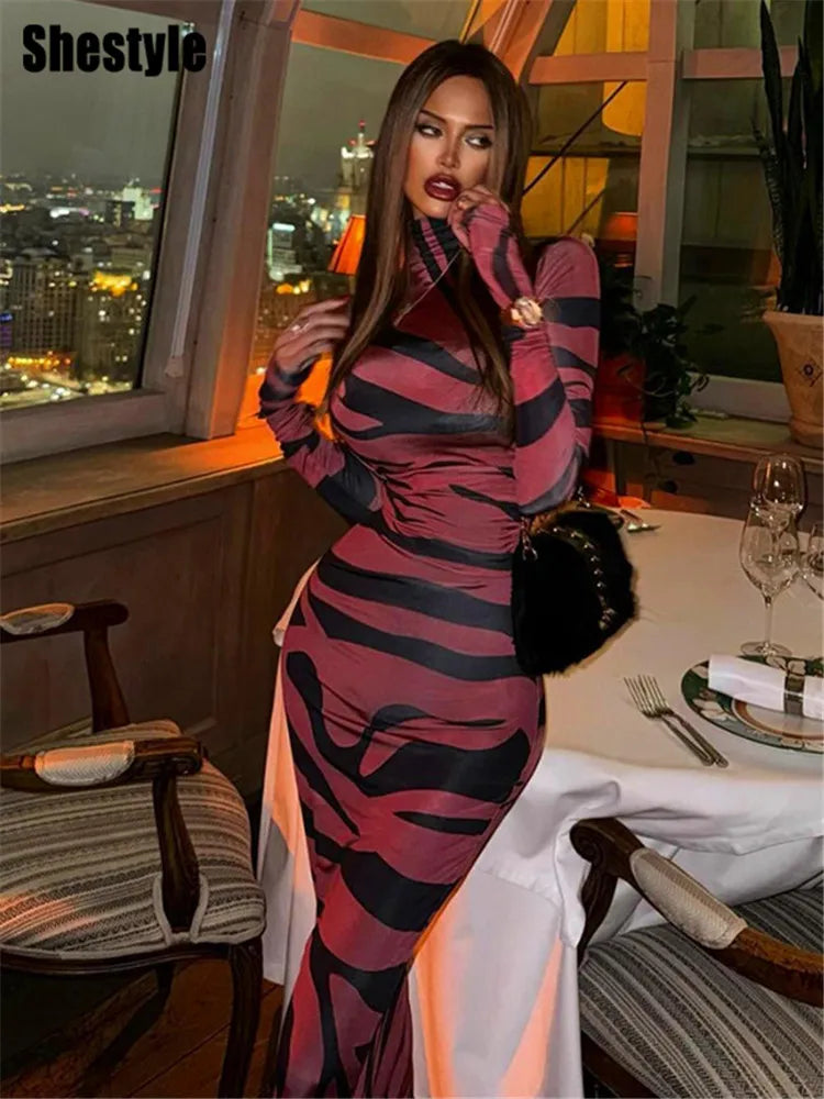 🍒Red striped long dress womens bodycon turtle neck zebra print mesh outfit clubwear party occasion wear clothing                       Catwalk Your Tiger
