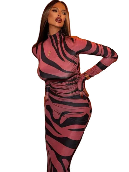 🍒Red striped long dress womens bodycon turtle neck zebra print mesh outfit clubwear party occasion wear clothing                       Catwalk Your Tiger