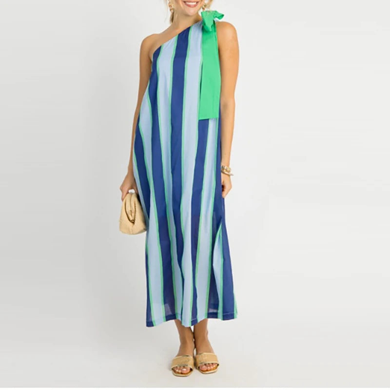 🍒Irregular straight casual women's long dress vacation sleeveless loose dresses bow tie Up striped summer dress Swipe A Stripe