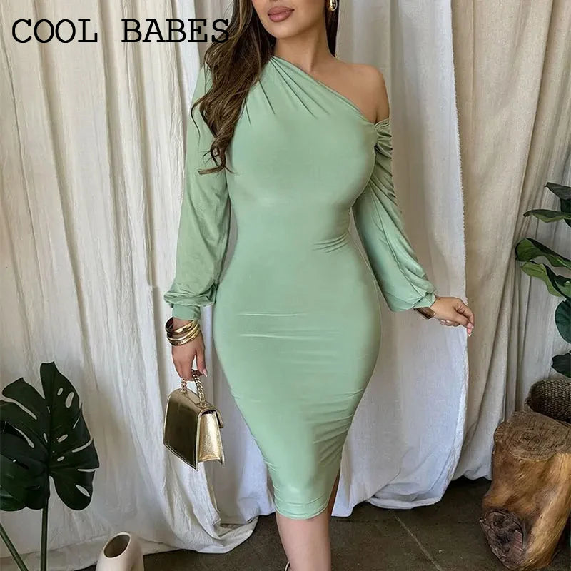 🍒Women's party dress for spring solid bodycon long sleeve one shoulder midi outfit female fashion wears occasion wear You Will Be Nuts About This Pistachio When You Crack Open Your Parcel