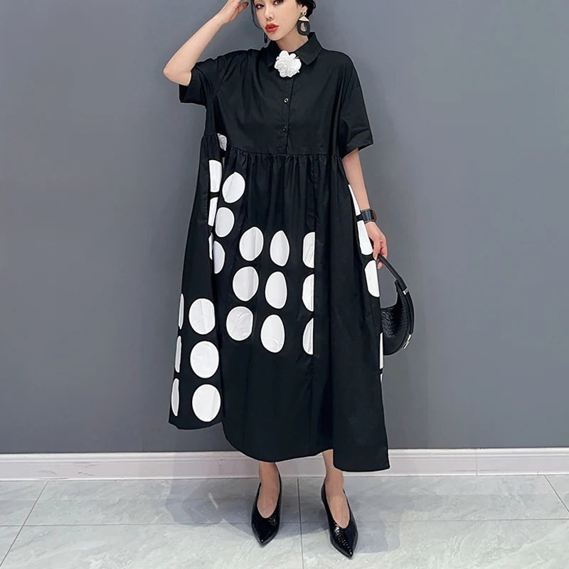 🍒Large polka dot printed dress black and white long shirt dress loose fit plus size fashion chic smart casual wear women Say Yes To Dominos