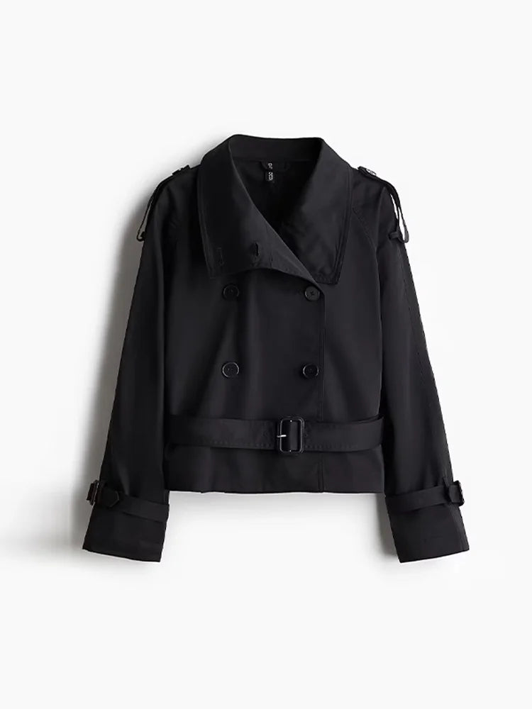 🍒Flared sleeve jacket belt coat for women elegant stand collar double breasted coat long sleeved outerwear female autumn winter fashion commuter keep abreast of belted double breast