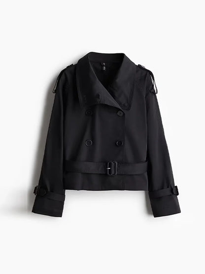 🍒Flared sleeve jacket belt coat for women elegant stand collar double breasted coat long sleeved outerwear female autumn winter fashion commuter keep abreast of belted double breast