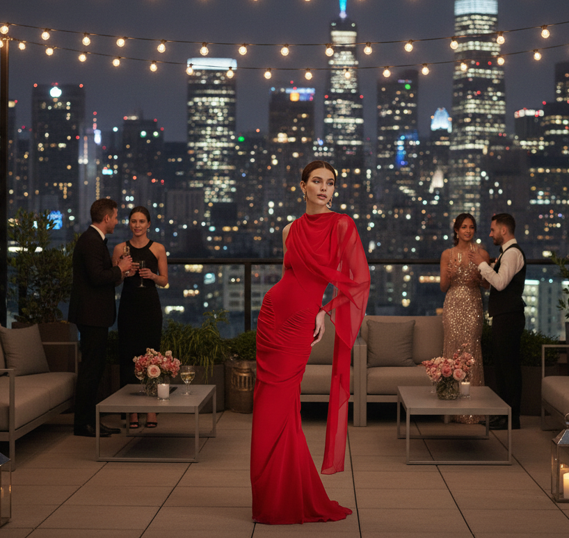 🍒Mesh draped dress solid color outfits o/neck high waist chiffon evening gowns occasion wear maxi shawl dress  Rome-mantic