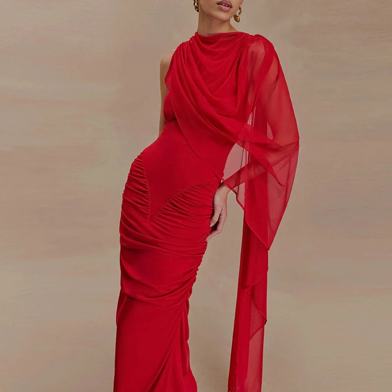 🍒Mesh draped dress solid color outfits o/neck high waist chiffon evening gowns occasion wear maxi shawl dress  Rome-mantic
