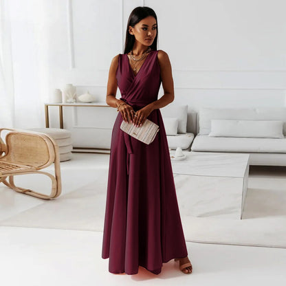 🍒Elegant party dresses for women v-neck sleeveless belt evening wear solid colour occasion wear outfit party wear maxi fashion Feminine Female Fashion Flair