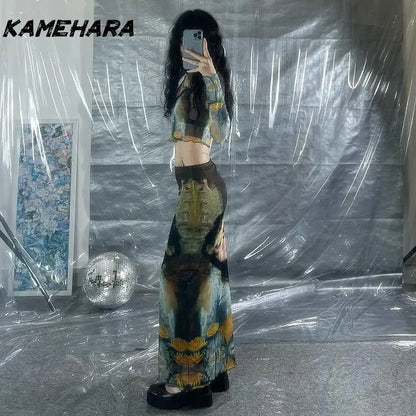 🍒High waisted mesh skirt gauze and matching print top fashion wear for women slim fit bodycon feminine clothing smart casual wear women streetwear female oil painting long sleeve tee and ruffle edge long skirt set Face The Day With Cool clothes