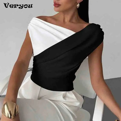 🍒Fashion office wear female slash neck top sleeveless one shoulder top for women elegant summer shirt white black off shoulder top holiday wear blouses smart casual vacation clothes Make No Mistake Close This Drape