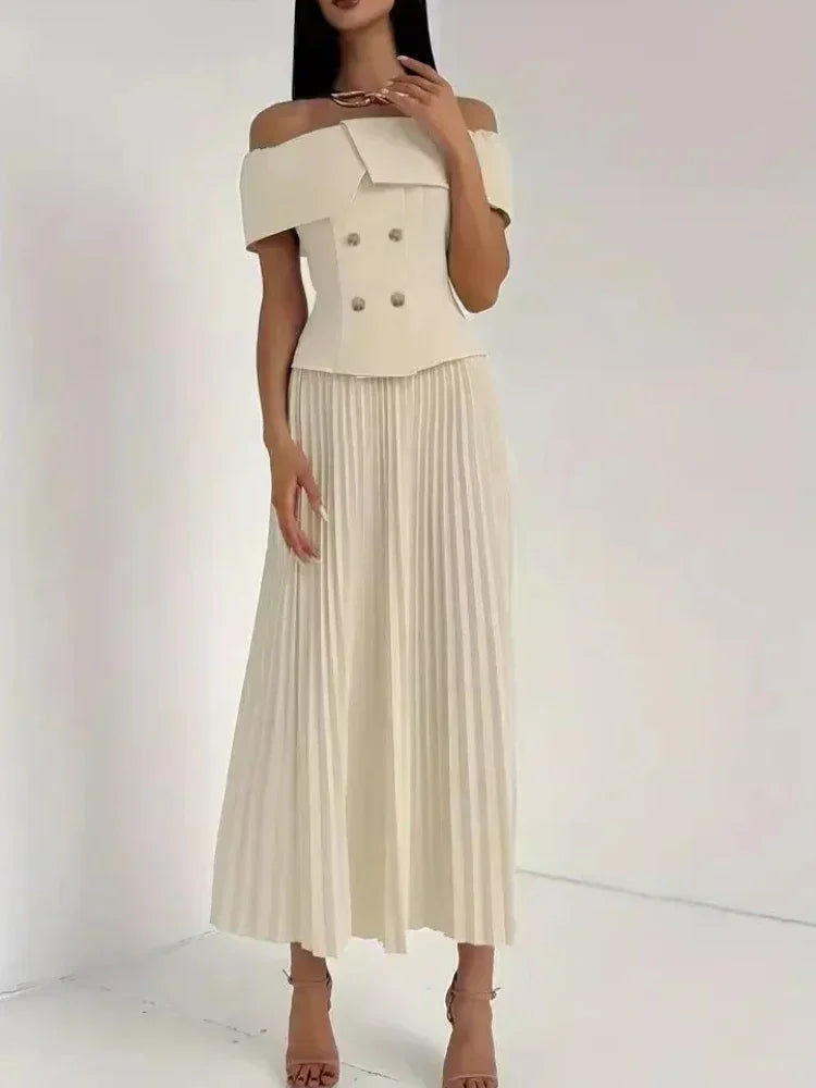 🍒Fashion two piece outfits with long pleated skirts maxi fashion and Off-shoulder top matching sets neutral clothing for women party formal wear party occasion wear Cool off with Ice Cream