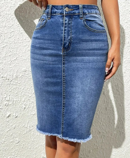 🍒 Denim knee mid length Skirt slim fit high waist solid casual women's fashion regular elegant raw hem bodycon button and Pocketed female Summer clothes Denim Day Doer