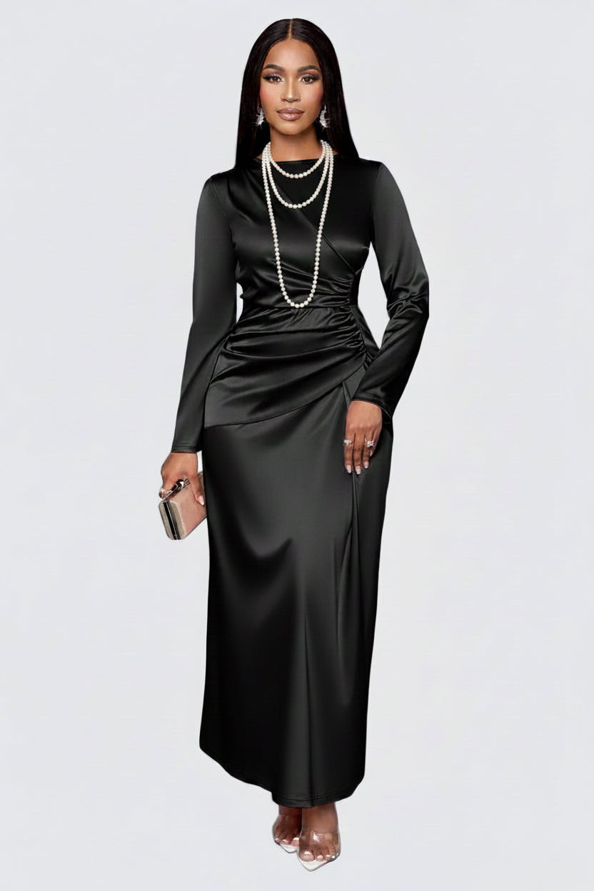 🍒Premium satin dress for occasion women wear fashion fitted evening wear a-symmetric outfit long sleeve Slide Into Silky