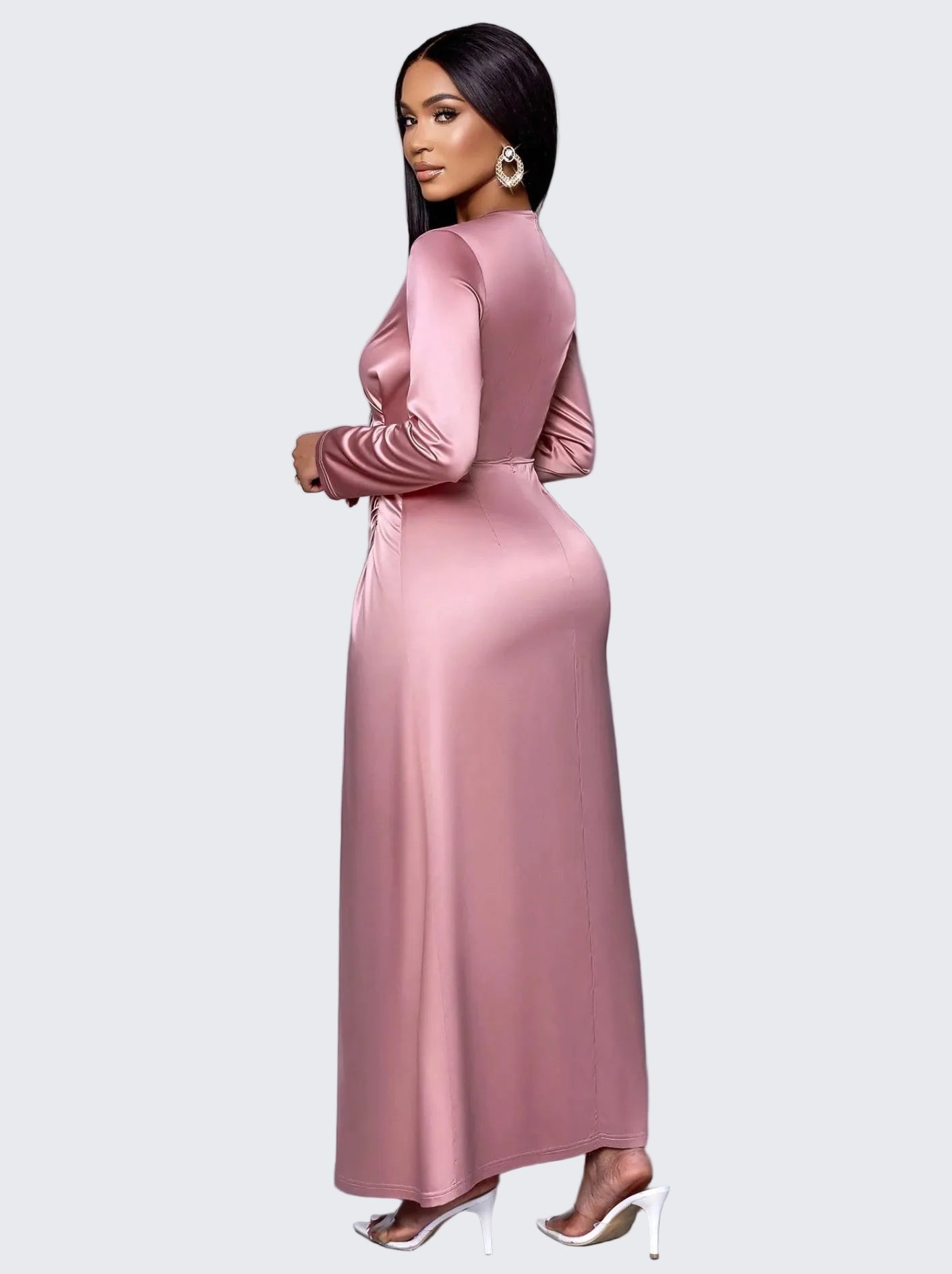 🍒Premium satin dress for occasion women wear fashion fitted evening wear a-symmetric outfit long sleeve Slide Into Silky
