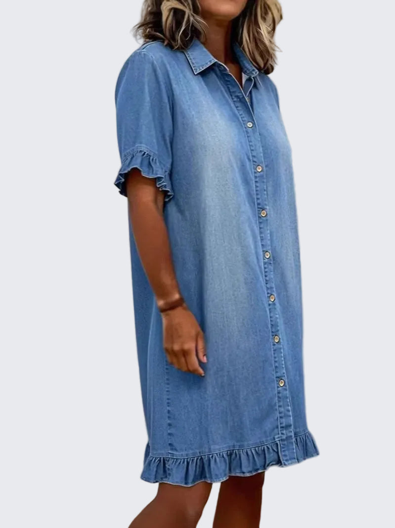 🍒Denim shirt style dress for women casual clothing with frills at cuff and hem summer wear holiday wear over knee outfit short sleeve   Stay Out Of The Red And Get FRILLED With This BLUE (or white or black)