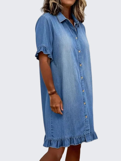 🍒Denim shirt style dress for women casual clothing with frills at cuff and hem summer wear holiday wear over knee outfit short sleeve   Stay Out Of The Red And Get FRILLED With This BLUE (or white or black)