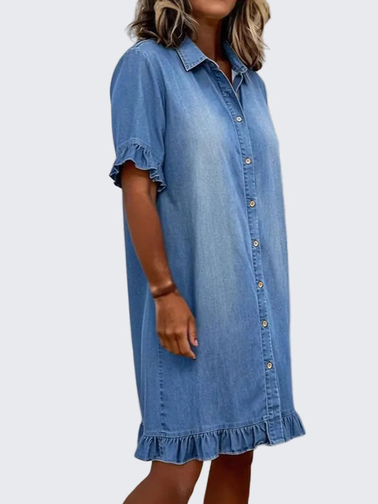 🍒Denim shirt style dress for women casual clothing with frills at cuff and hem summer wear holiday wear over knee outfit short sleeve   Stay Out Of The Red And Get FRILLED With This BLUE (or white or black)