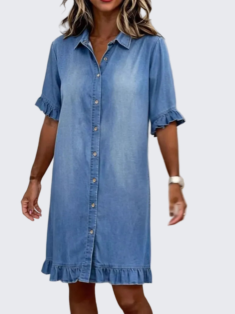 🍒Denim shirt style dress for women casual clothing with frills at cuff and hem summer wear holiday wear over knee outfit short sleeve   Stay Out Of The Red And Get FRILLED With This BLUE (or white or black)