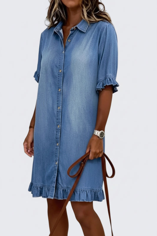 🍒Denim shirt style dress for women casual clothing with frills at cuff and hem summer wear holiday wear over knee outfit short sleeve   Stay Out Of The Red And Get FRILLED With This BLUE (or white or black)