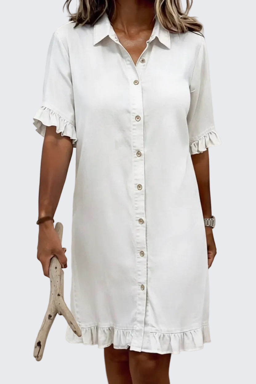 🍒Denim shirt style dress for women casual clothing with frills at cuff and hem summer wear holiday wear over knee outfit short sleeve   Stay Out Of The Red And Get FRILLED With This BLUE (or white or black)