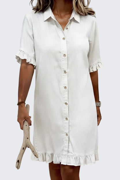 🍒Denim shirt style dress for women casual clothing with frills at cuff and hem summer wear holiday wear over knee outfit short sleeve   Stay Out Of The Red And Get FRILLED With This BLUE (or white or black)