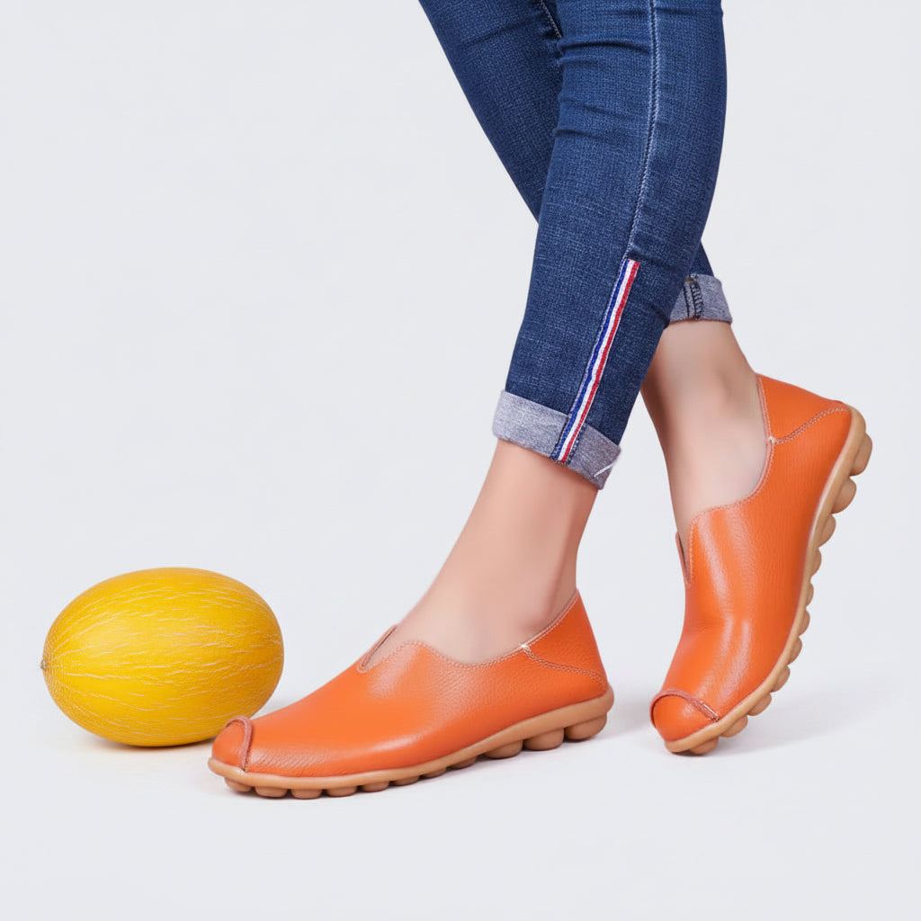 🍒Genuine leather light weight summer slip on shoes for holiday breathable footwear for women real leather rubber sole cowhide casual walkers Bright Breathy Bobbles
