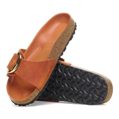 🍒Womens genuine Leather Flat Sandals buckle sliders genuine cow hide slip ons quality summer sandals  Holiday Vibe Slide