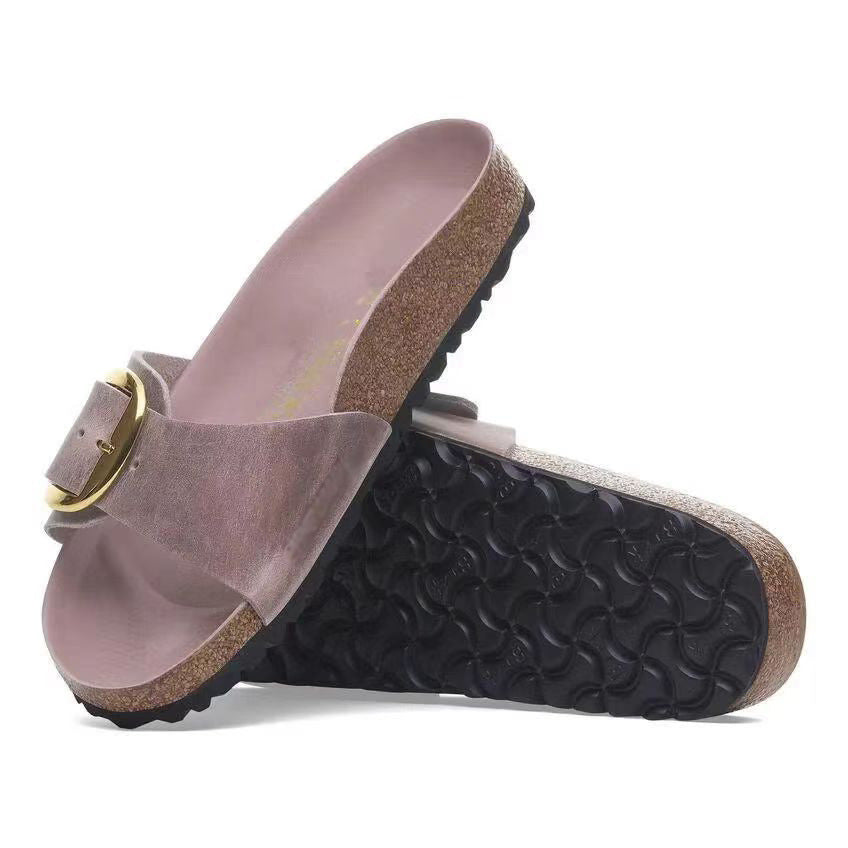 🍒Womens genuine Leather Flat Sandals buckle sliders genuine cow hide slip ons quality summer sandals  Holiday Vibe Slide