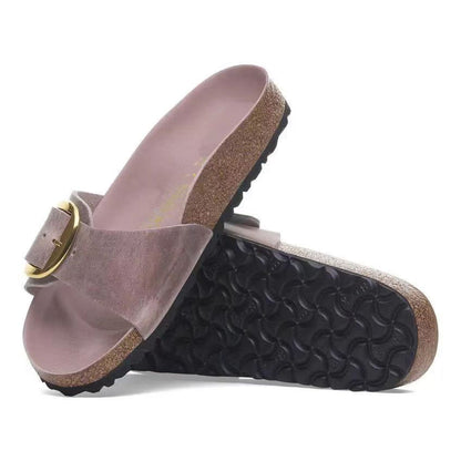 🍒Womens genuine Leather Flat Sandals buckle sliders genuine cow hide slip ons quality summer sandals  Holiday Vibe Slide