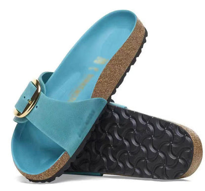 🍒Womens genuine Leather Flat Sandals buckle sliders genuine cow hide slip ons quality summer sandals  Holiday Vibe Slide
