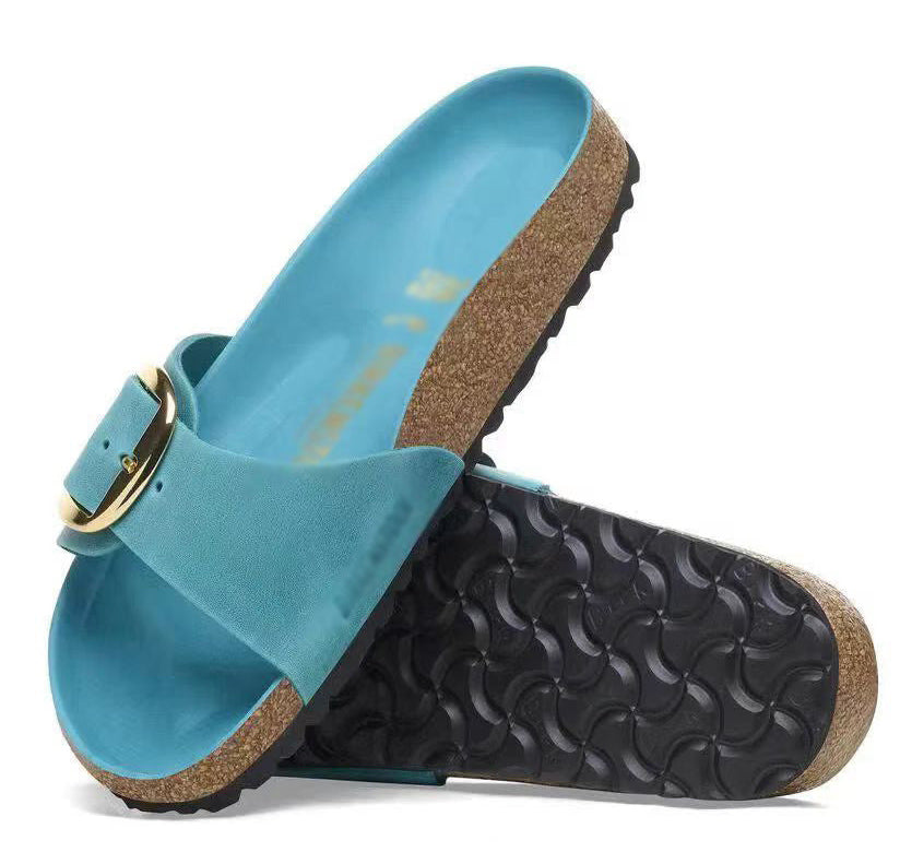🍒Womens genuine Leather Flat Sandals buckle sliders genuine cow hide slip ons quality summer sandals  Holiday Vibe Slide