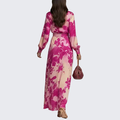 🍒Floral Print Chiffon dress long sleeve maxi dress for occasion wear with v-neck puff sleeve outfits holiday wear women Don’t be a FOOL grab this RASPBERRY soon