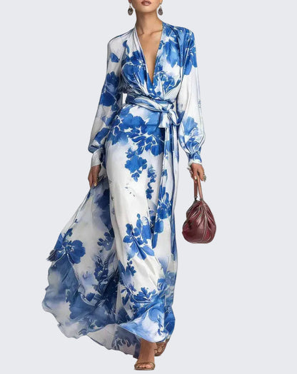 🍒Floral Print Chiffon dress long sleeve maxi dress for occasion wear with v-neck puff sleeve outfits holiday wear women Don’t be a FOOL grab this RASPBERRY soon